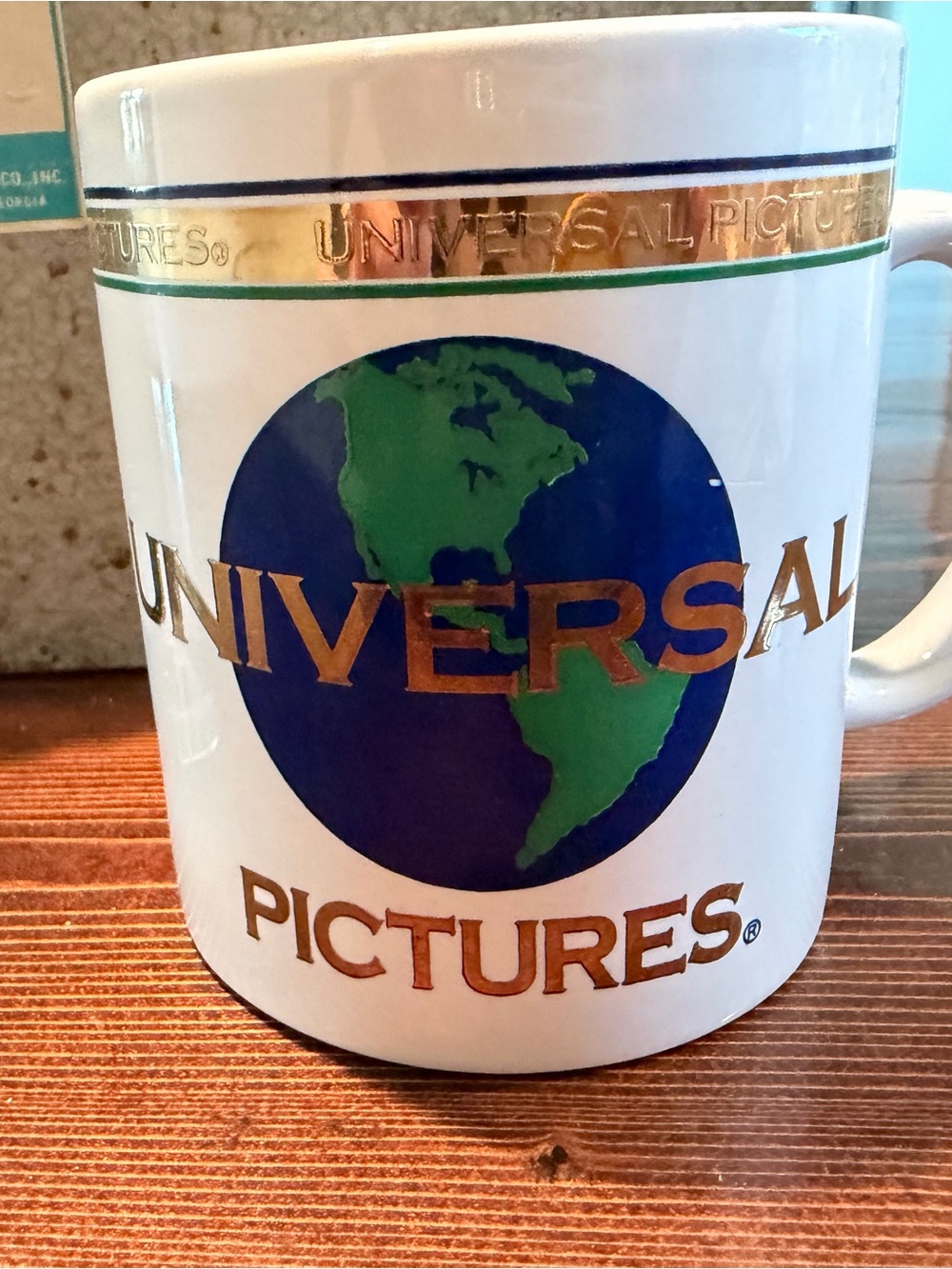 Vintage Universal Pictures White Ceramic Logo Coffee Mug - White & Gold
